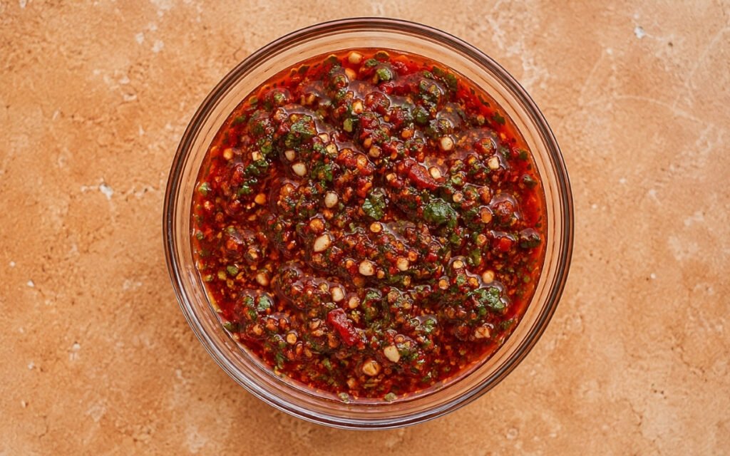 Red chimichurri in a white bowl showing deep red-orange sauce with visible herb flecks, diced pepper, and chipotle pieces on marble surface