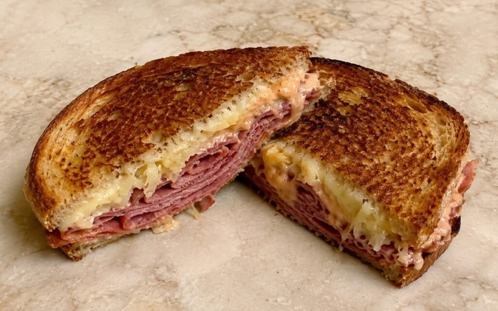 Reuben sandwich cut diagonally showing crisp golden rye bread, pink corned beef, melted Swiss cheese, and pale sauerkraut in cross-section on marble surface