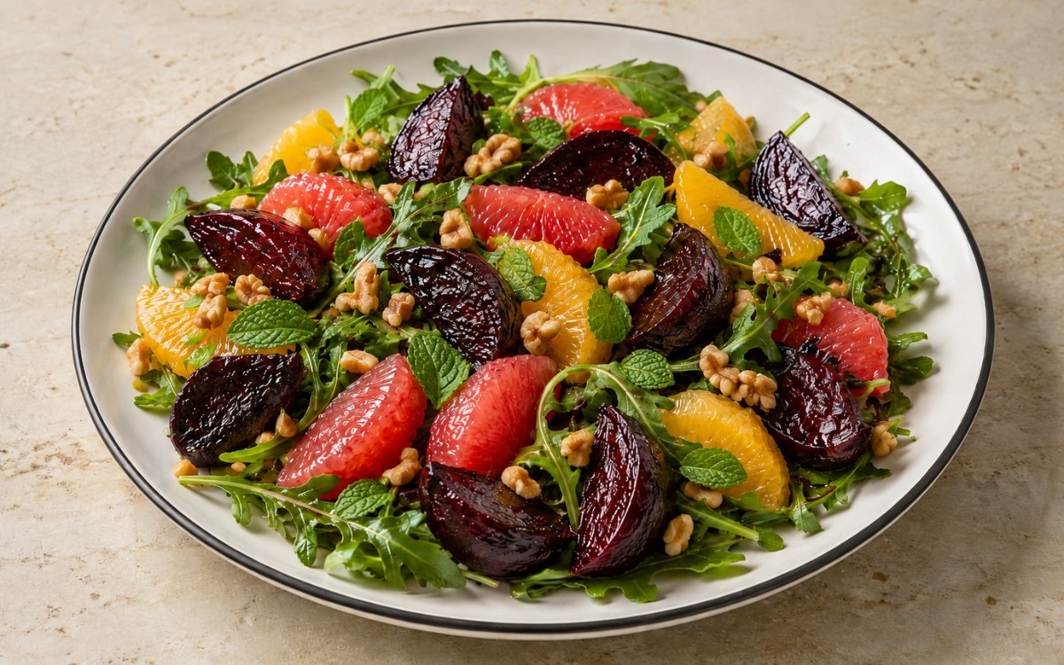 Roasted beet and citrus salad on a white platter with arugula, orange segments, grapefruit, and toasted walnuts