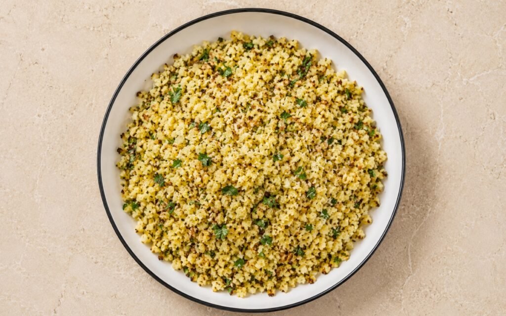 Roasted cauliflower rice golden and garnished with fresh parsley