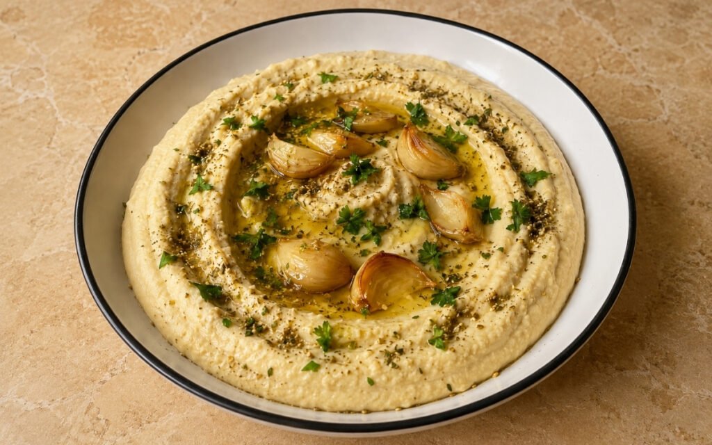 Roasted garlic hummus in a wide white bowl showing creamy golden-tinted surface with olive oil well, za'atar garnish, fresh parsley, and roasted garlic cloves beside it on marble surface