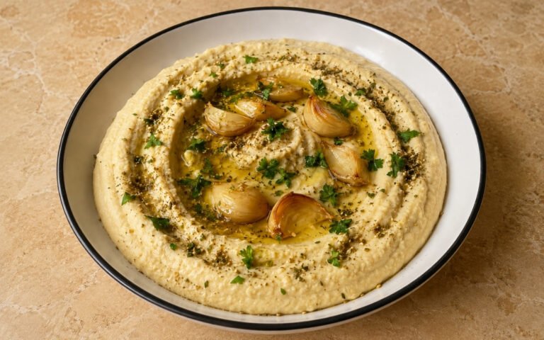 Roasted garlic hummus in a wide white bowl showing creamy golden-tinted surface with olive oil well, za'atar garnish, fresh parsley, and roasted garlic cloves beside it on marble surface
