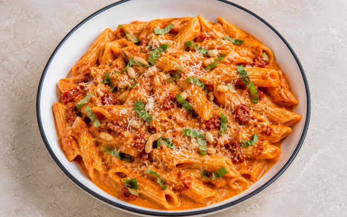 Roasted red pepper cream pasta with penne in glossy vibrant red-orange cream sauce with sun-dried tomatoes, torn basil, toasted pine nuts and Parmigiano-Reggiano in a white ceramic bowl with black rim