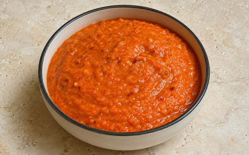Roasted red pepper sauce in a white bowl showing smooth, vibrant orange-red sauce with visible texture