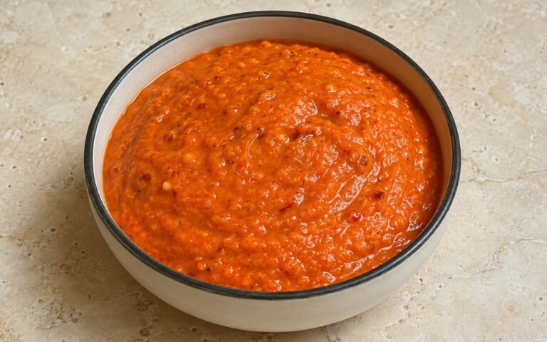 Roasted red pepper sauce in a white bowl showing smooth, vibrant orange-red sauce with visible texture