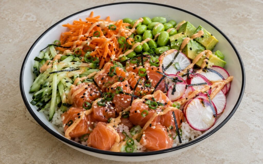 Salmon poke bowl with marinated raw salmon cubes over sushi rice, cucumber matchsticks, radishes, edamame, avocado, carrots, spicy mayo, scallions and nori in a white ceramic bowl with black rim
