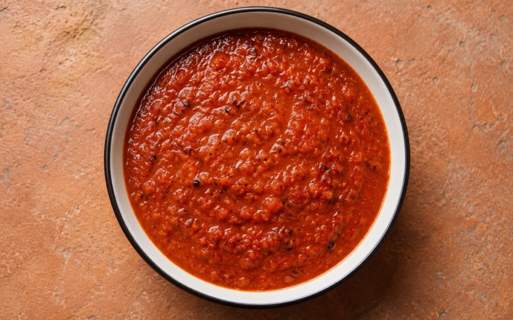 Salsa roja in a white bowl showing deep red-orange colour with visible herb flecks and a spoon resting in it on marble surface