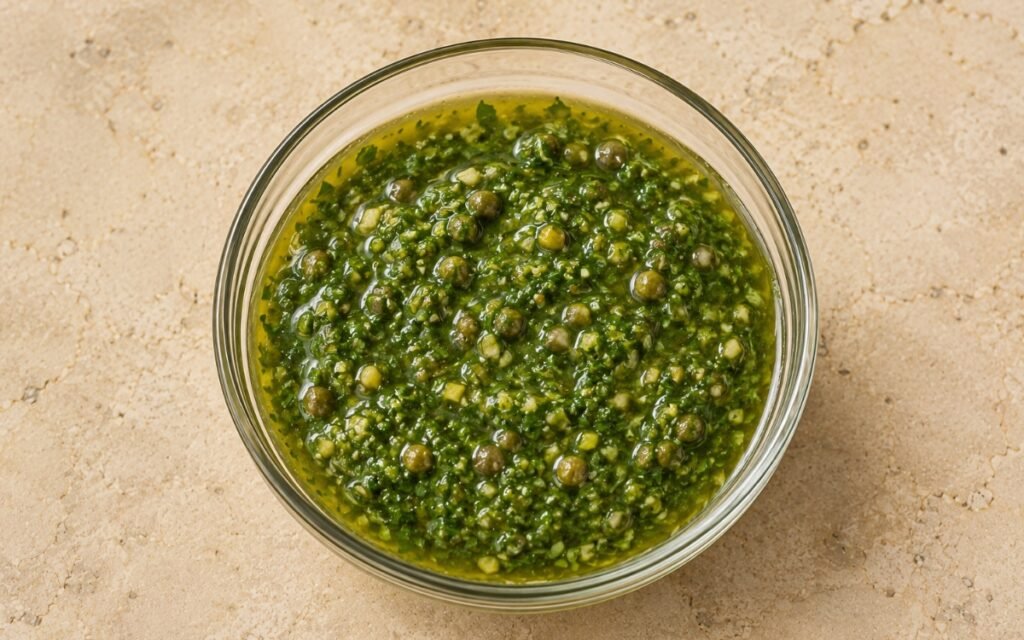 Bright green salsa verde in a white bowl with capers and fresh herbs visible throughout
