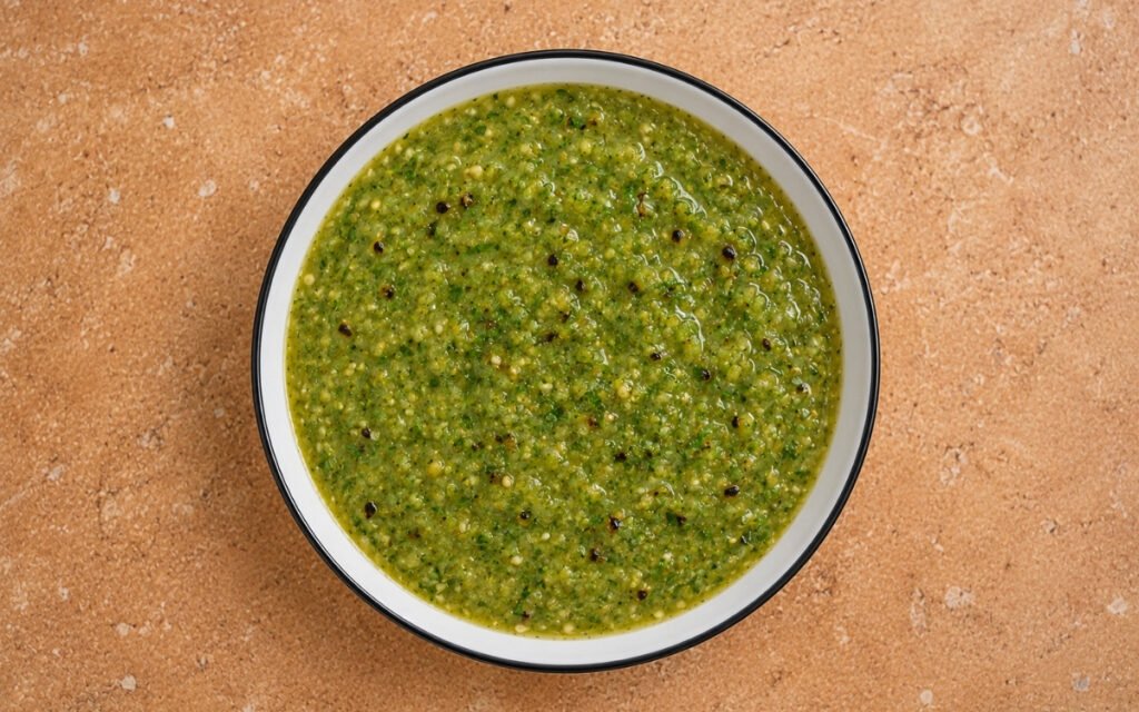 Mexican salsa verde in a white bowl showing slightly chunky green sauce with visible herb flecks and a spoon resting in it on marble surface