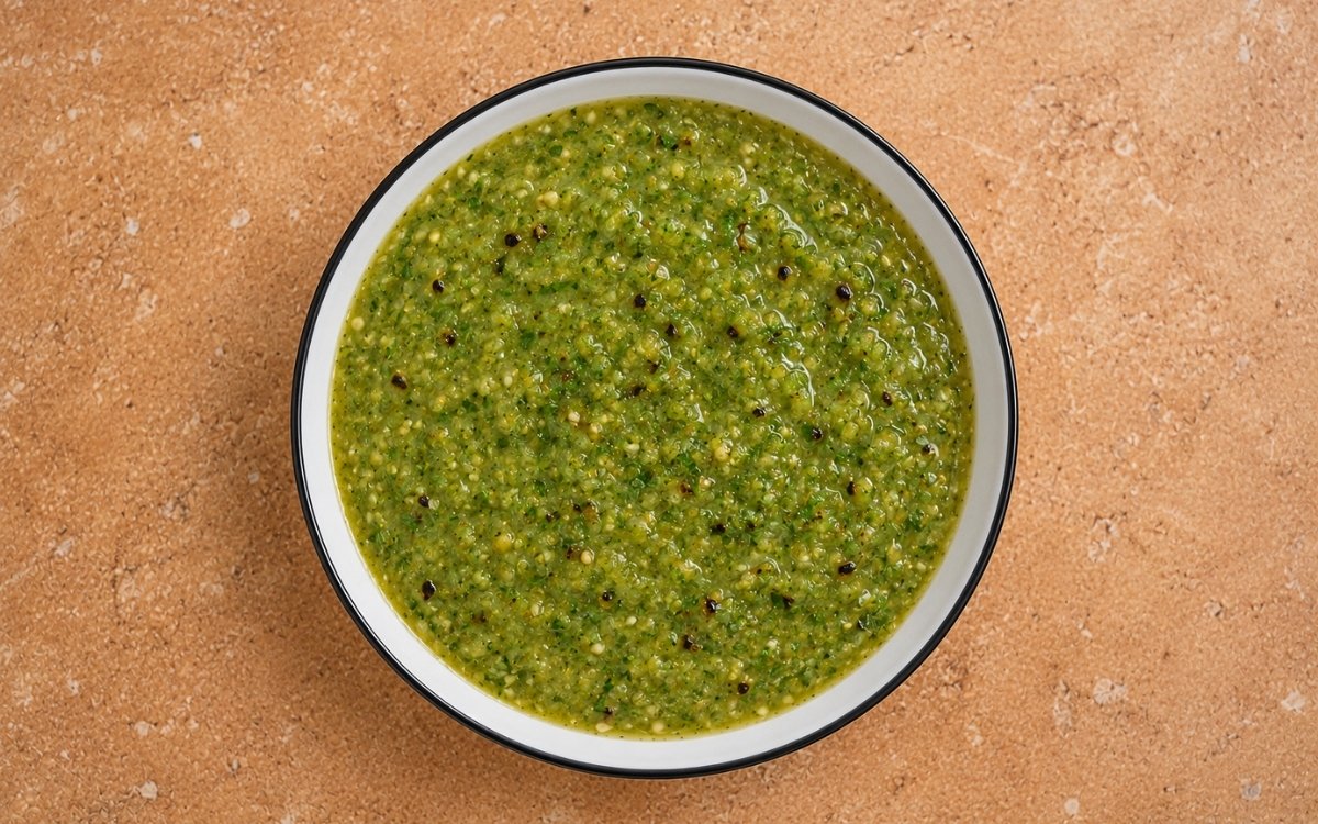 Mexican salsa verde in a white bowl showing slightly chunky green sauce with visible herb flecks and a spoon resting in it on marble surface