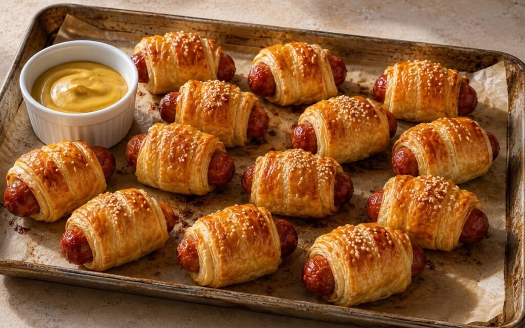 Glossy golden-brown sausages in blankets with a few finished in sesame seeds, one showing melted cheddar peeking through the seam, served with mustard and ketchup on marble surface