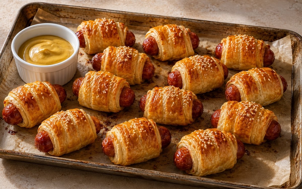 Glossy golden-brown sausages in blankets with a few finished in sesame seeds, one showing melted cheddar peeking through the seam, served with mustard and ketchup on marble surface