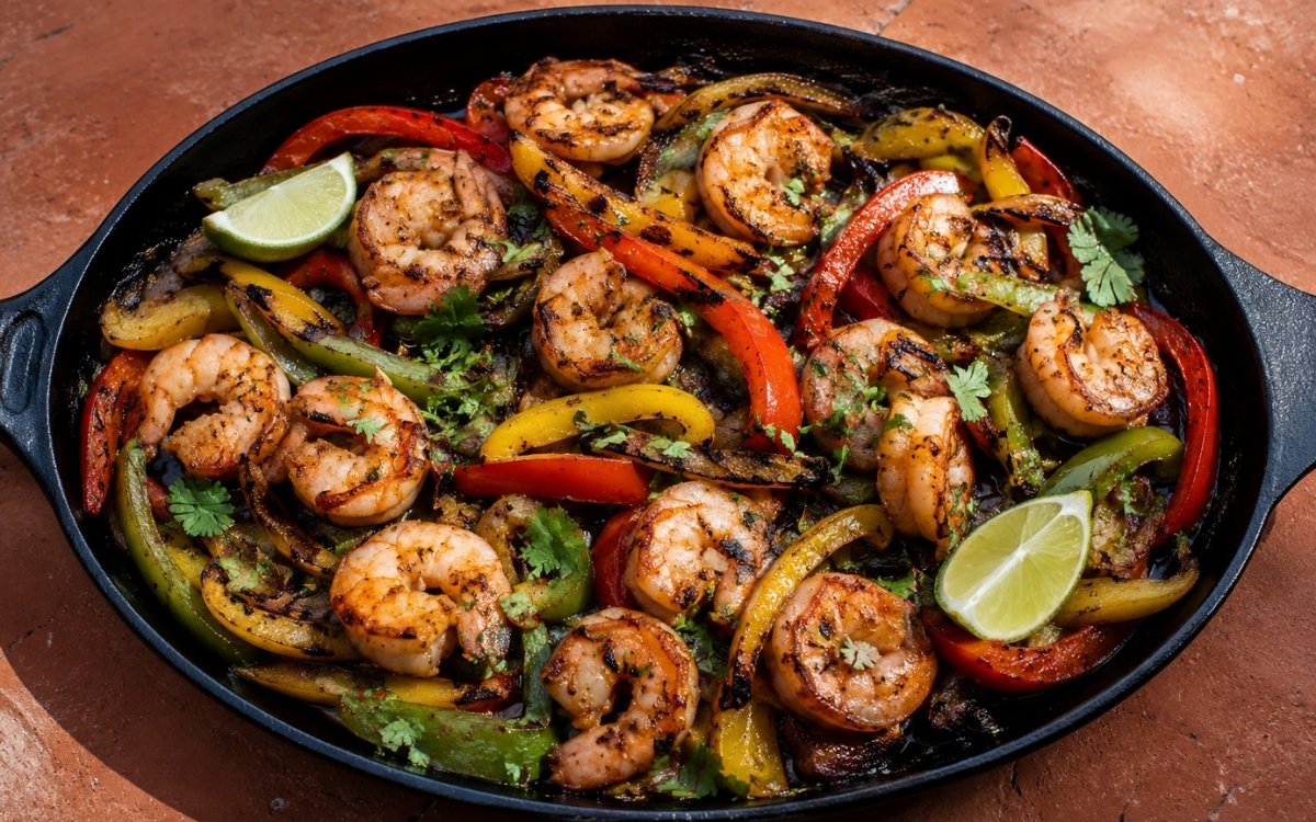 Shrimp fajita in a cast iron pan showing pink seared shrimp with charred tri-colour pepper strips and caramelised onions with lime wedge on marble surface
