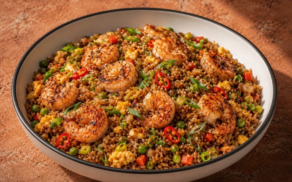 Shrimp fried rice bowl with pink-orange shrimp, scrambled egg, green peas, diced carrots, scallions and Thai chili in a white ceramic bowl with black rim