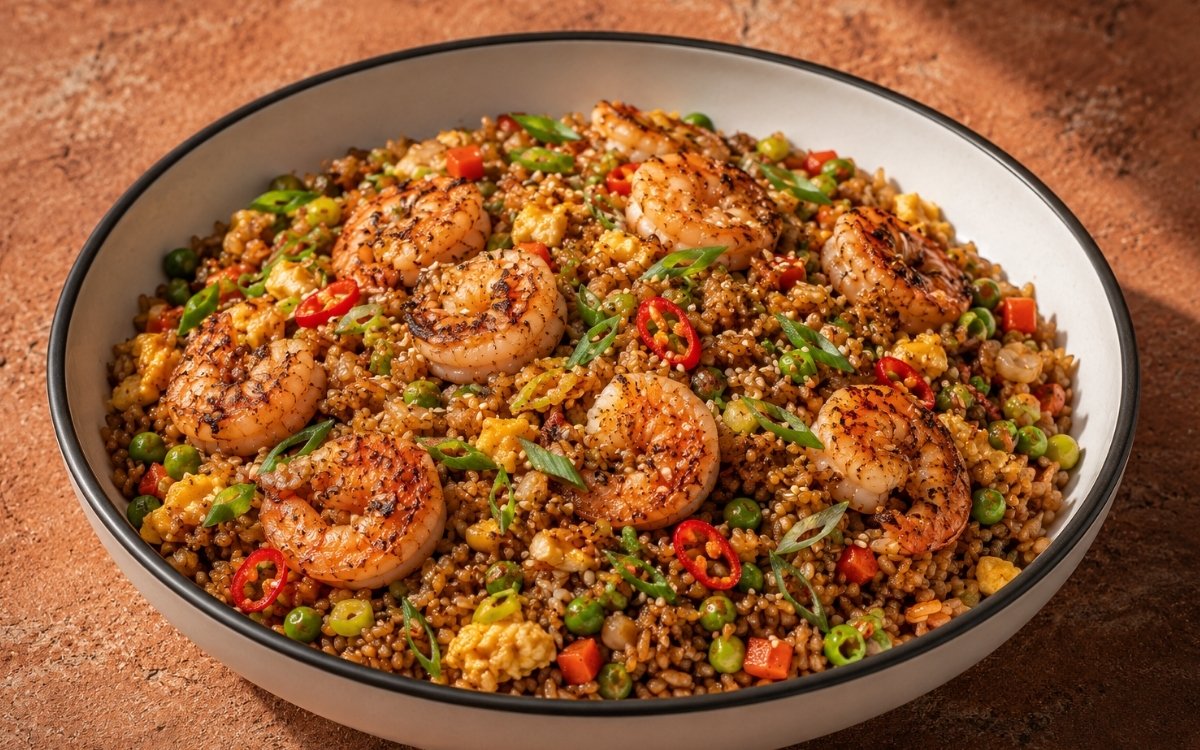 Shrimp fried rice bowl with pink-orange shrimp, scrambled egg, green peas, diced carrots, scallions and Thai chili in a white ceramic bowl with black rim