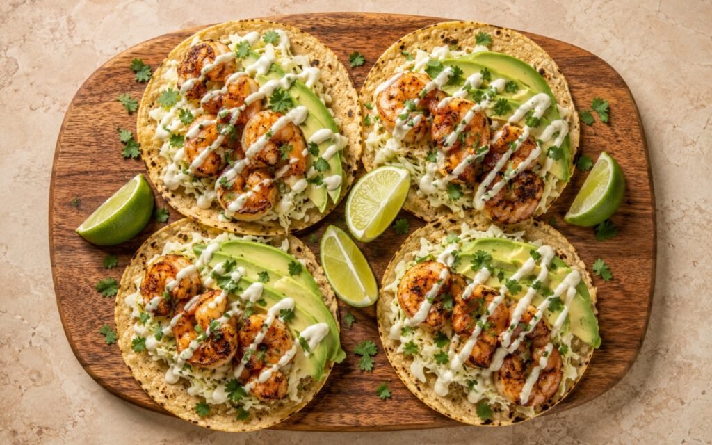 Shrimp tacos on small corn tortillas showing vivid orange charred shrimp, fanned avocado slices, crisp white cabbage, and thick white lime crema drizzle with fresh cilantro on marble surface
