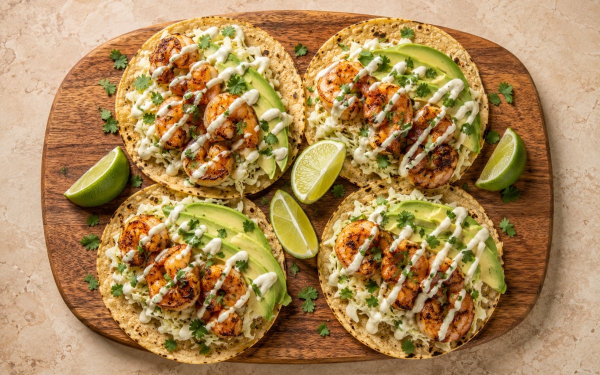 Shrimp tacos on small corn tortillas showing vivid orange charred shrimp, fanned avocado slices, crisp white cabbage, and thick white lime crema drizzle with fresh cilantro on marble surface