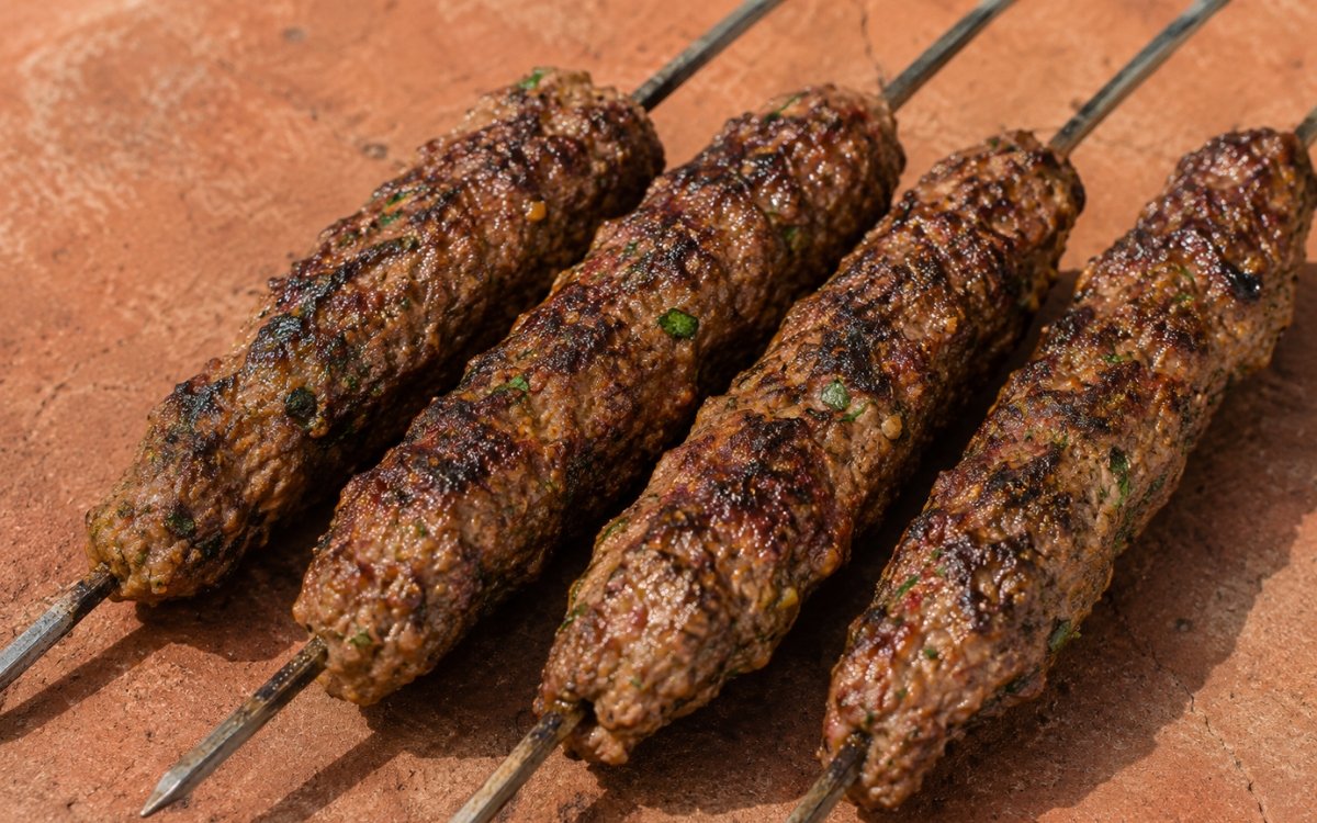 Simple beef kofta skewers with deep char served with fresh herbs