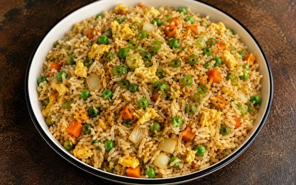 Simple vegetable fried rice with scrambled egg and green onions in a wok
