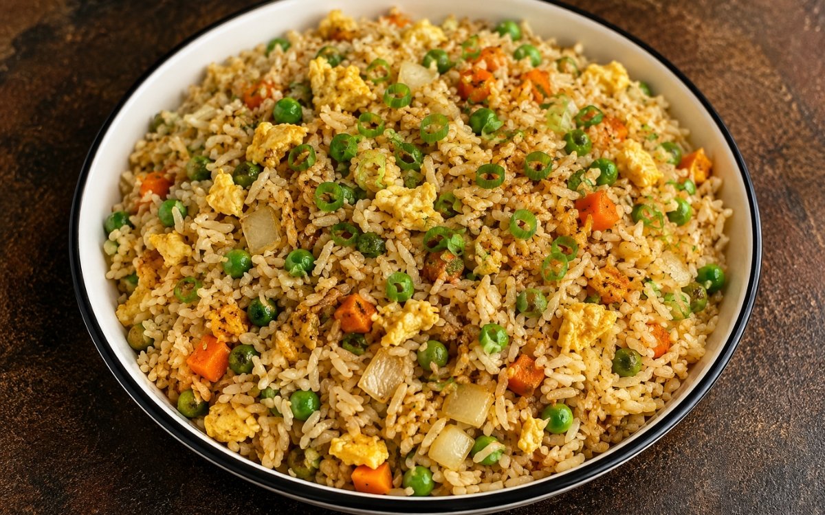 Simple vegetable fried rice with scrambled egg and green onions in a wok
