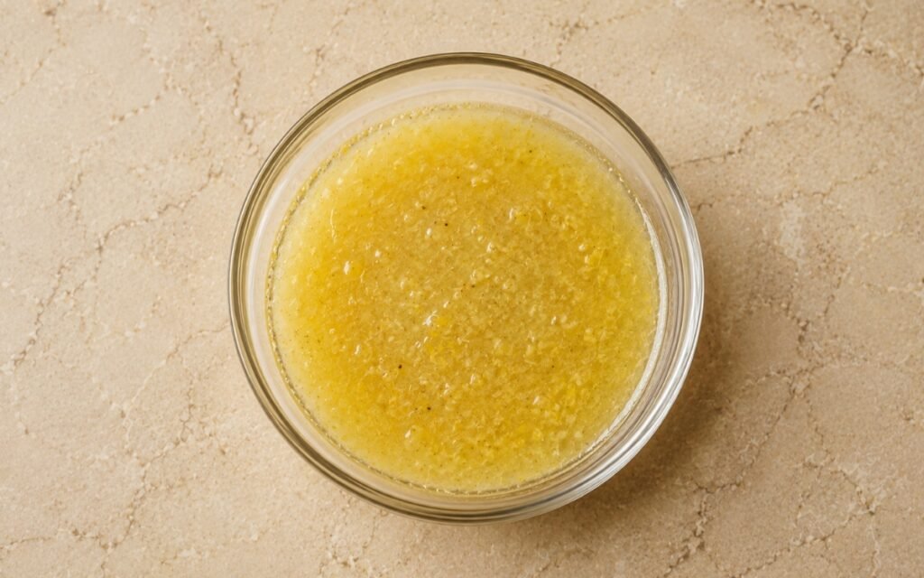 Simple lemon vinaigrette in a small glass jar showing bright yellow dressing with visible emulsion