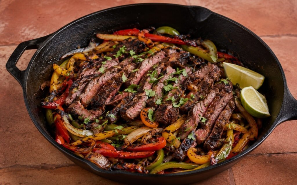 Skirt steak fajita on a wooden cutting board showing sliced medium-rare steak against the grain with charred tri-colour peppers and onions and lime wedge on marble surface