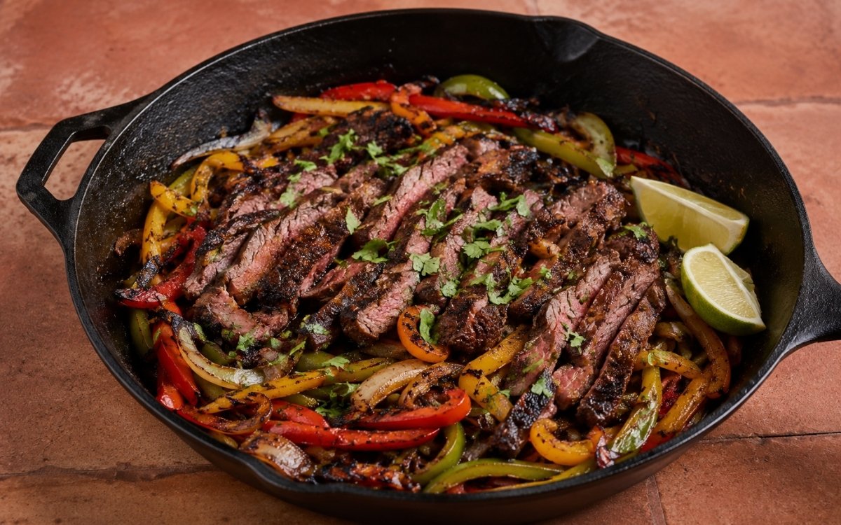 Skirt steak fajita on a wooden cutting board showing sliced medium-rare steak against the grain with charred tri-colour peppers and onions and lime wedge on marble surface