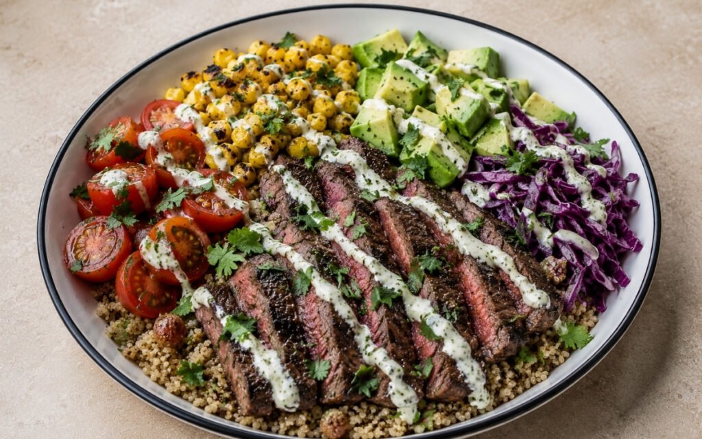 Skirt steak grain bowl with sliced skirt steak over quinoa with cherry tomatoes, charred corn, avocado, shredded red cabbage, cilantro-lime yogurt dressing and fresh cilantro in a white ceramic bowl with black rim