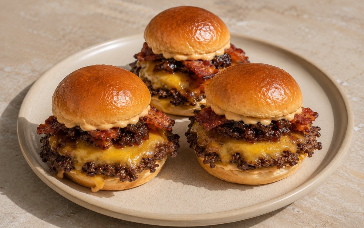 Mini beef sliders on toasted brioche buns showing lacy crisp-edged patties, melted American cheese, crispy bacon, and glossy bacon-onion jam on marble surface