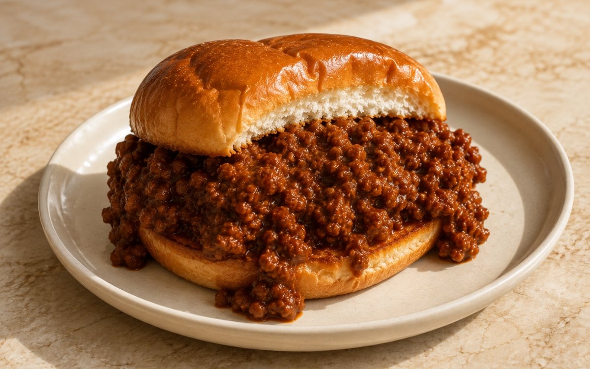 Sloppy Joe sandwich showing glossy, saucy ground beef filling mounded high on a toasted burger bun, spilling slightly at the edges on marble surface