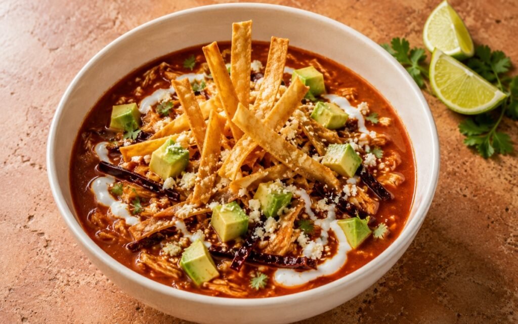 Bowl of sopa de tortilla showing deep brick-red broth with shredded chicken, topped with crisp golden tortilla strips standing upright, diced avocado, white sour cream swirl, crumbled cotija, and dried chile strips on marble surface