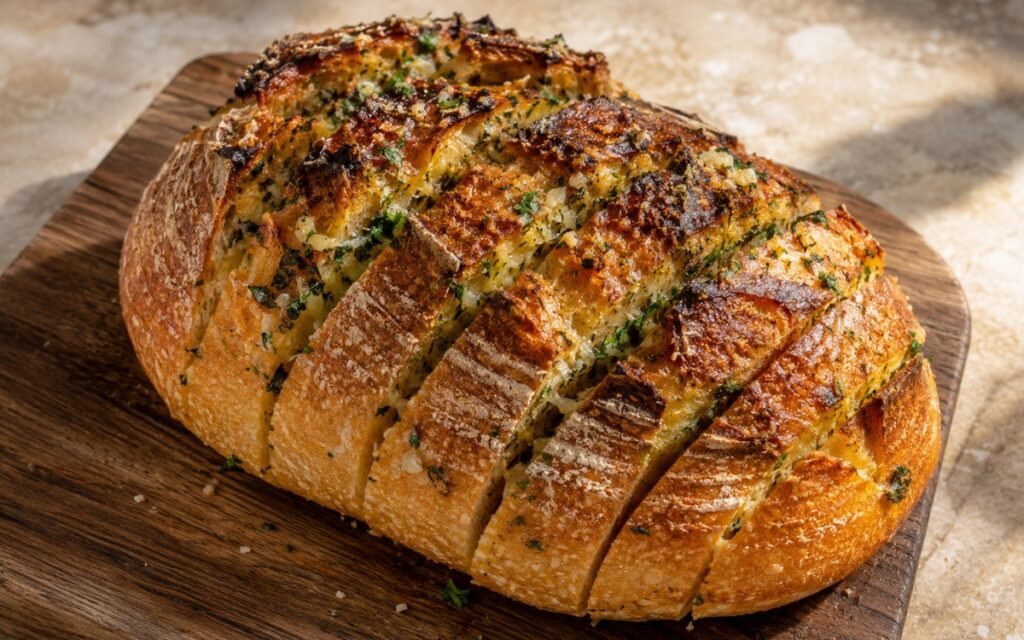 Sourdough garlic bread golden and crispy with melted garlic herb butter