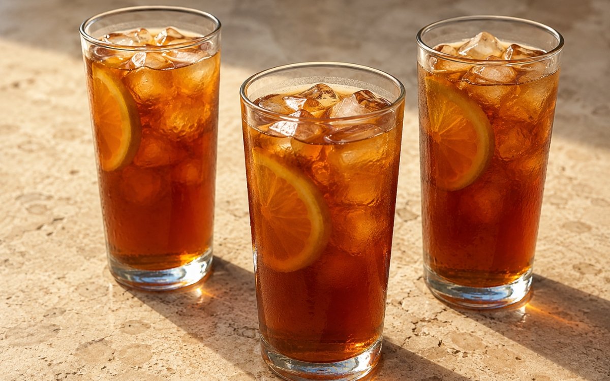 Southern sweet tea in a tall glass showing deep amber still drink over ice with a lemon slice on marble surface