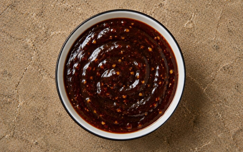 Soy ginger glaze in a small saucepan showing glossy dark glaze with visible ginger and sesame seeds