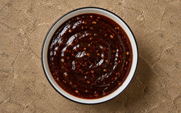 Soy ginger glaze in a small saucepan showing glossy dark glaze with visible ginger and sesame seeds