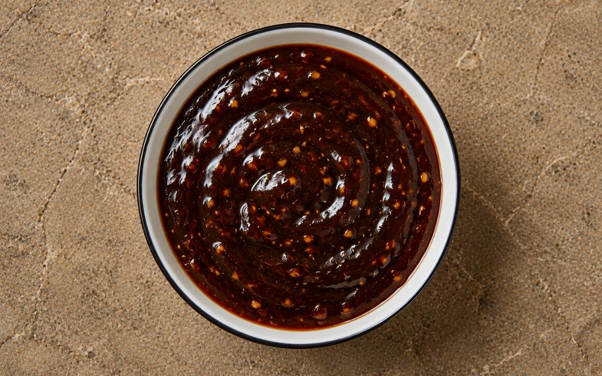 Soy ginger glaze in a small saucepan showing glossy dark glaze with visible ginger and sesame seeds