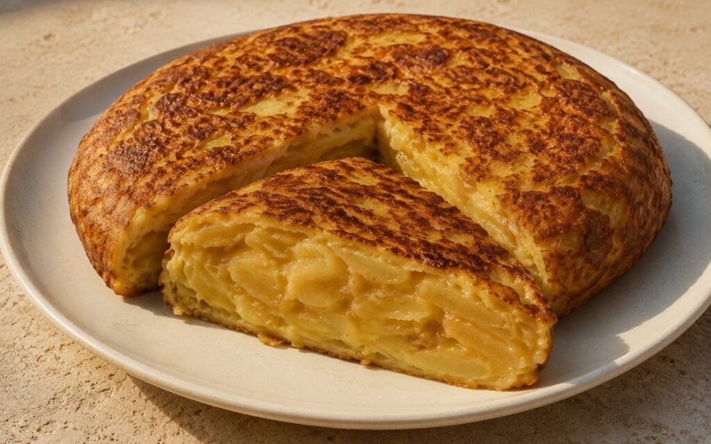 Sliced Spanish tortilla española showing golden exterior and soft custardy potato-egg interior with visible layers on marble surface