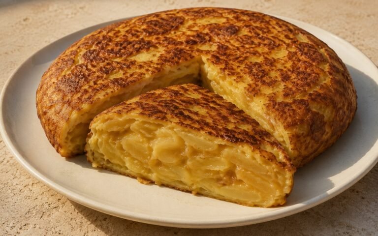 Sliced Spanish tortilla española showing golden exterior and soft custardy potato-egg interior with visible layers on marble surface