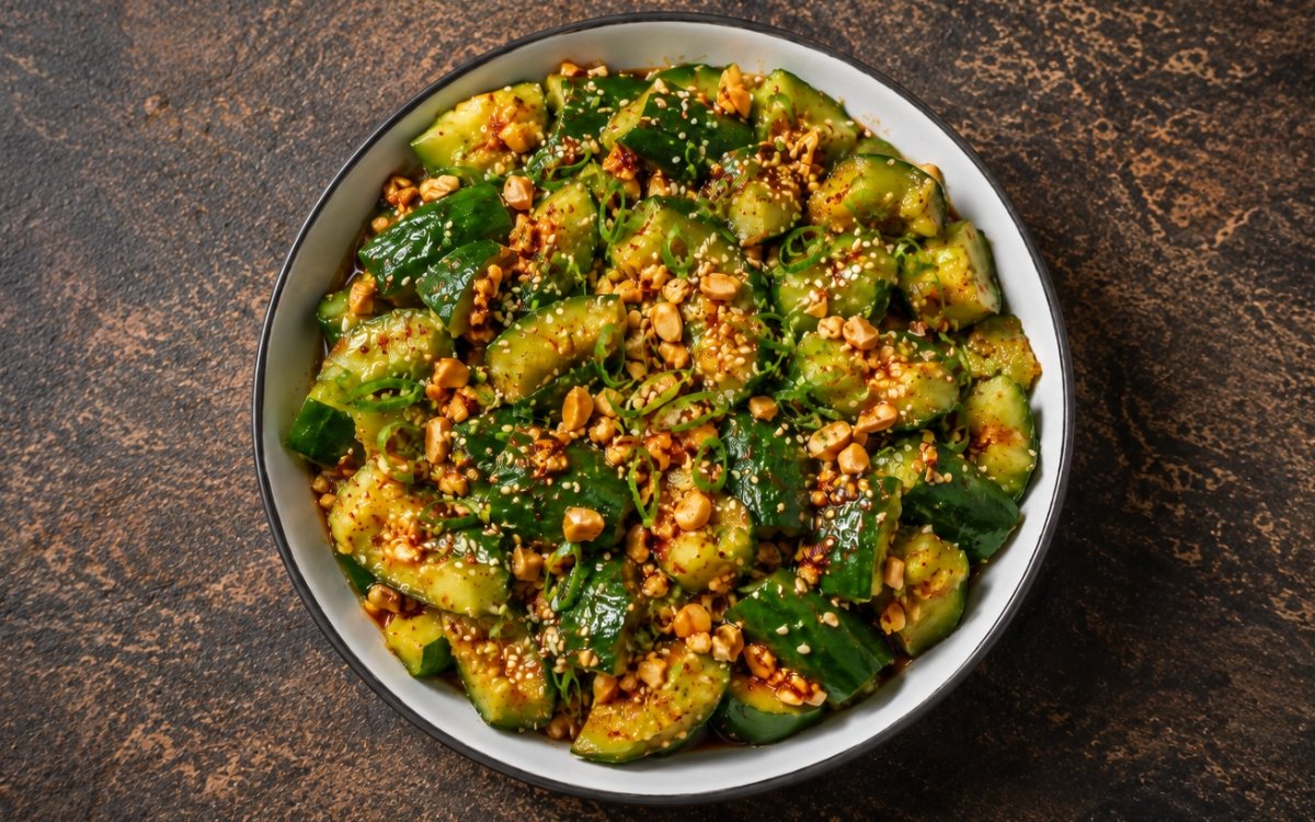 Spicy smashed Asian cucumber salad with chili oil and sesame seeds in a bowl