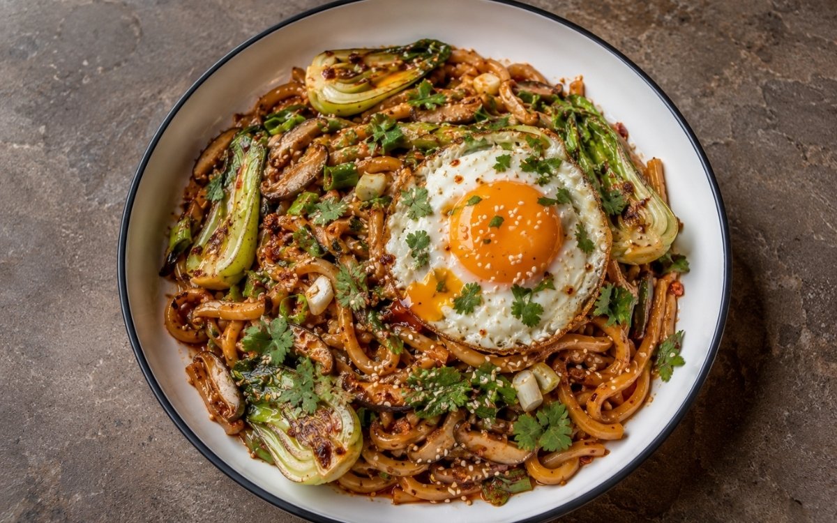 Spicy chili garlic oil noodles in glossy deep red chili oil with gochugaru, Sichuan peppercorns, baby bok choy, shiitake, scallions, fried egg with runny yolk, cilantro and sesame seeds in a white ceramic bowl with black rim
