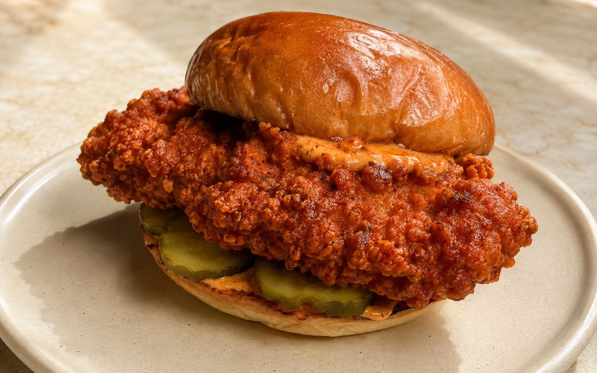 crispy spicy fried chicken sandwich with melted cheese and pickles on brioche bun