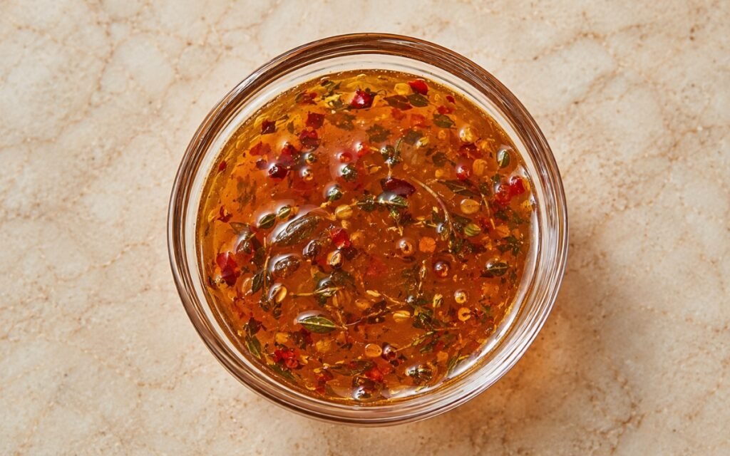 Spicy honey drizzle in a glass jar showing golden honey with visible red chili flakes