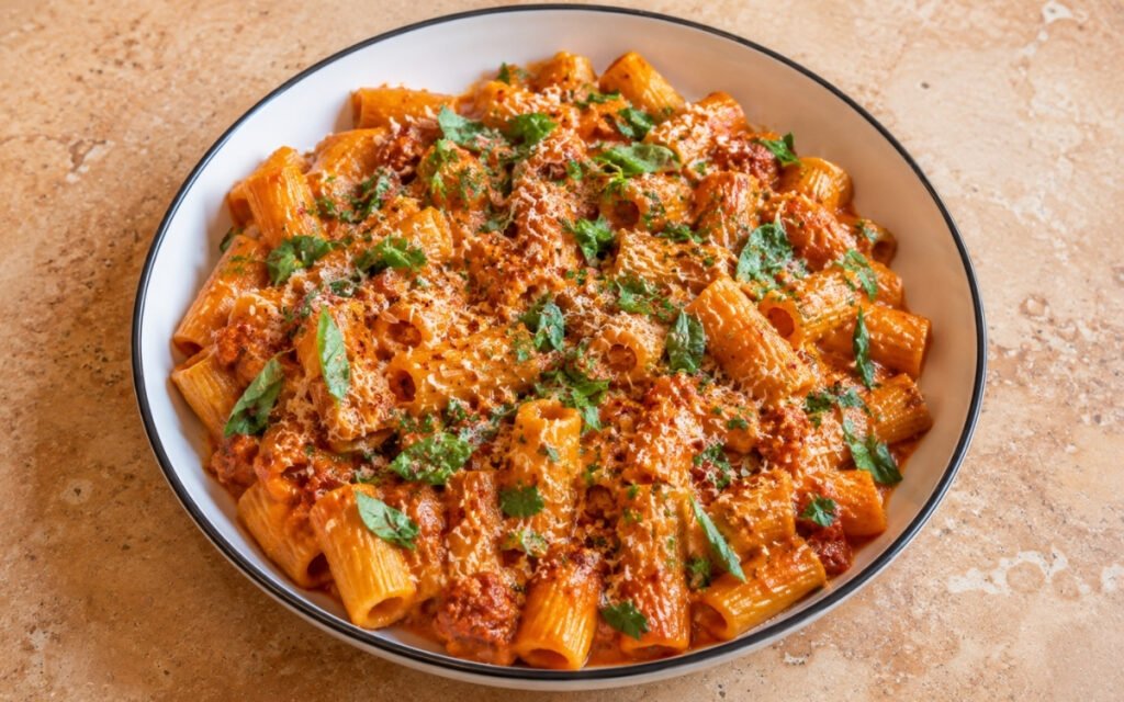 Spicy Italian 'nduja pasta with rigatoni in vivid red-orange 'nduja tomato sauce with mascarpone, Pecorino Romano, torn basil and parsley in a white ceramic bowl with black rim