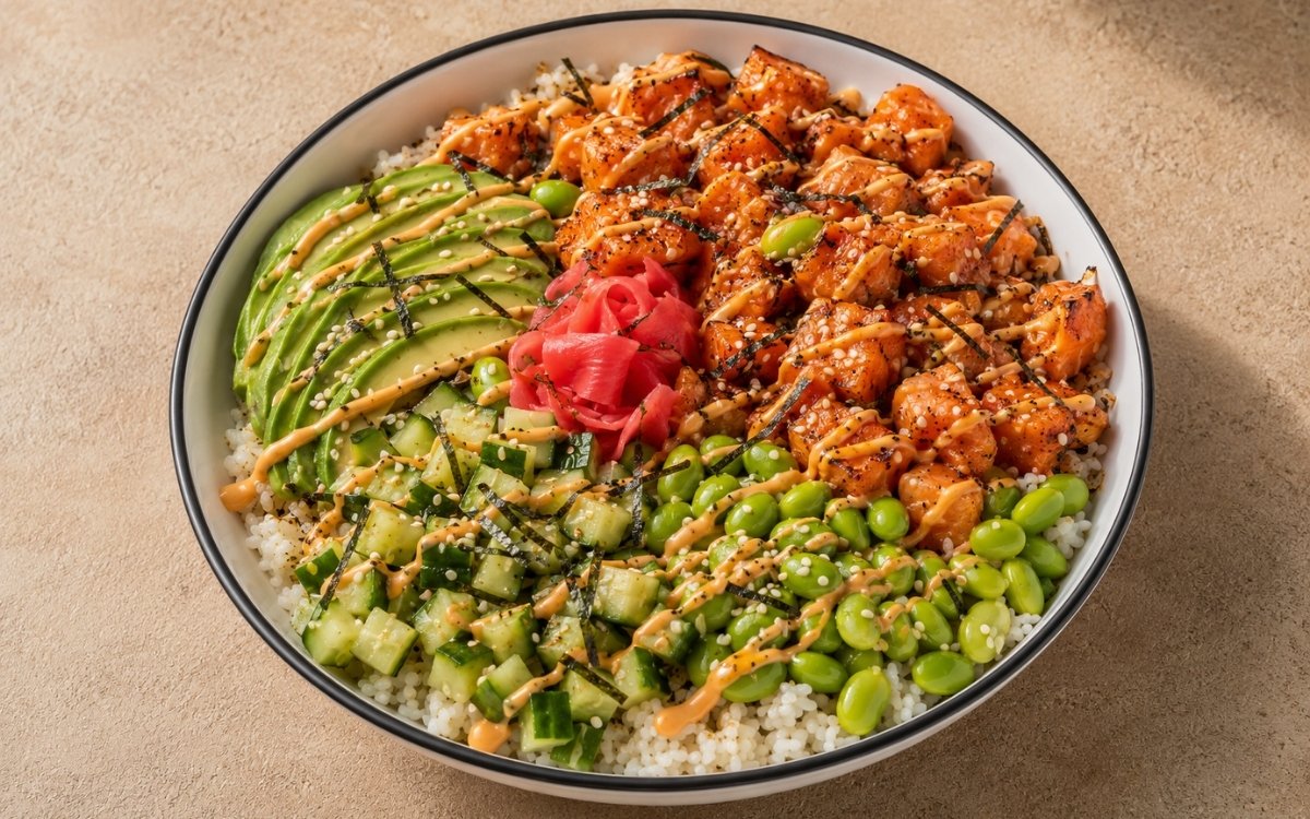 Spicy salmon sushi bowl with seared spicy salmon cubes over sushi rice, cucumber, avocado, edamame, nori strips, pickled ginger, spicy mayo and sesame seeds in a white ceramic bowl with black rim