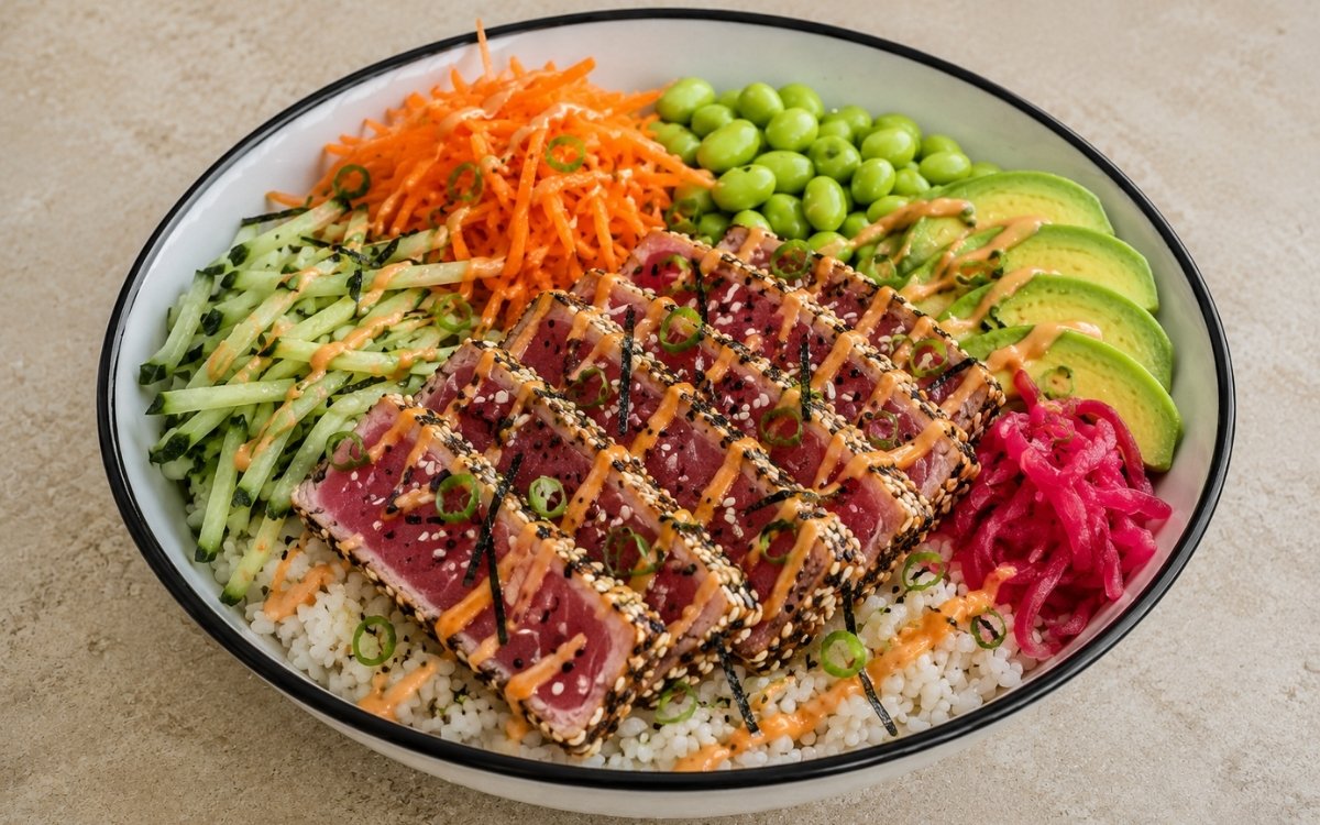 Spicy tuna rice bowl with sesame-crusted seared tuna slices with raw red interior over sushi rice, Persian cucumber, carrots, edamame, avocado, gochugaru mayo, pickled ginger and nori in a white ceramic bowl with black rim