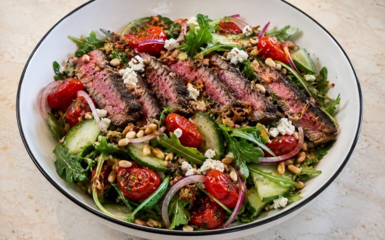 Steak salad bowl with sliced sirloin over mixed greens and arugula with roasted cherry tomatoes, cucumber, red onion, feta, crispy fried shallots, toasted pine nuts and garlic vinaigrette in a white ceramic bowl with black rim