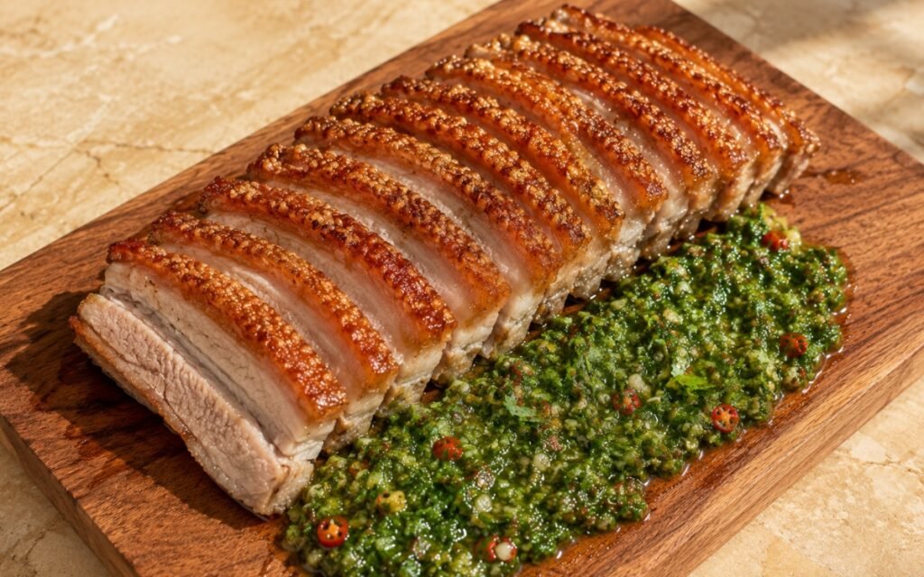 Sliced steam-roasted pork belly showing deep golden crackling and tender meat, served with a vivid green herb sauce on marble surface