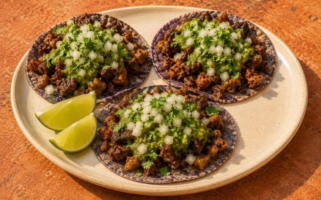 Suadero tacos on small blue corn tortillas showing glossy chopped braised beef mixed with crispy chicharrón, topped with green salsa verde, diced white onion, and fresh cilantro on marble surface
