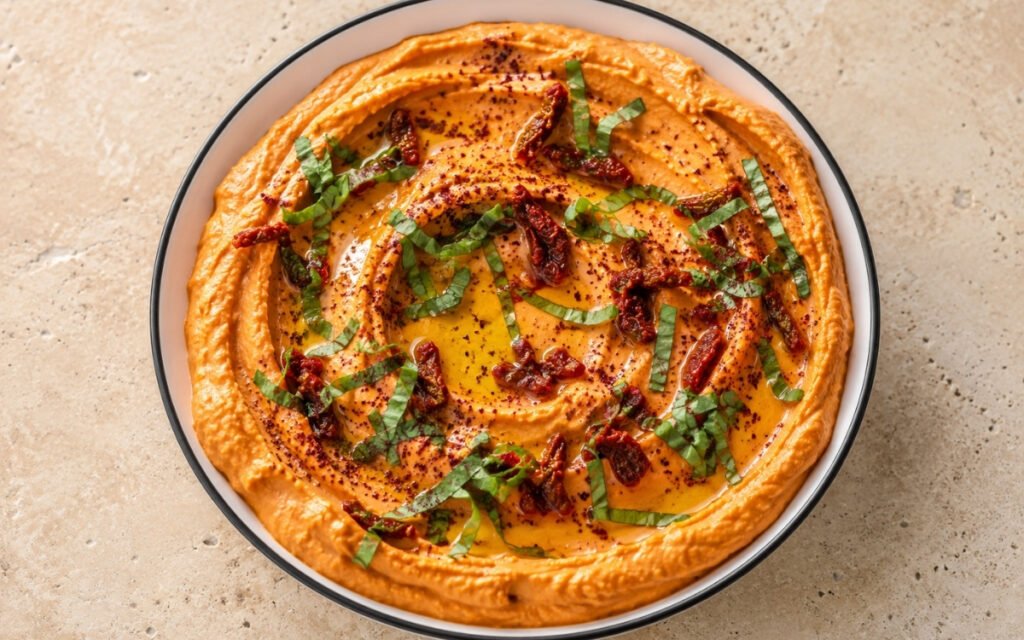 Sun-dried tomato and basil hummus in a wide white bowl showing deep red-orange colour with olive oil drizzle, basil chiffonade garnish, and sumac on marble surface