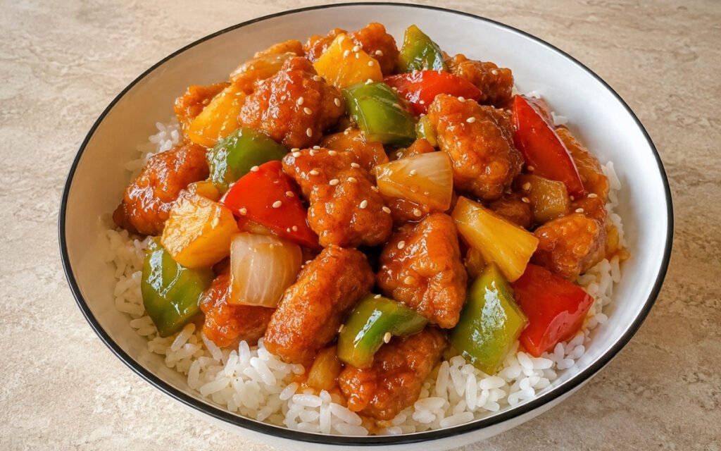 Sweet and sour chicken in a wok showing glossy orange-red sauce coating golden battered chicken pieces with pineapple, red bell pepper, and sesame seeds on marble surface